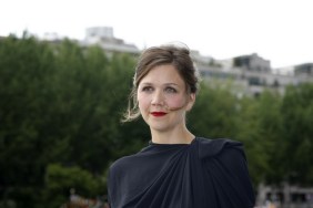 Maggie Gyllenhaal, black dress, upswept hair